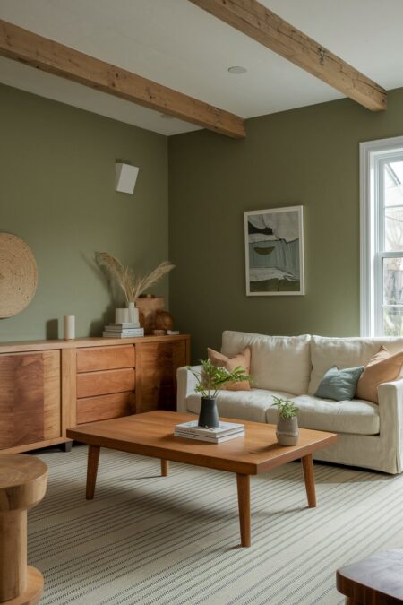sage green living room with warm wood furniture and exposed ceiling beams