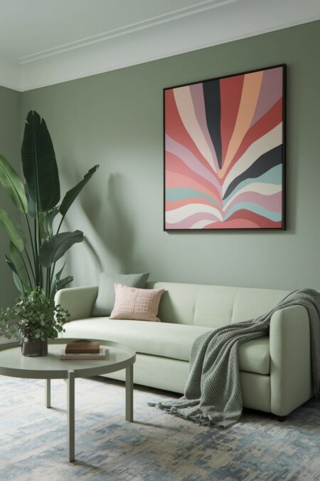 sage green pastel living room with an oversized bold wall art above the sofa