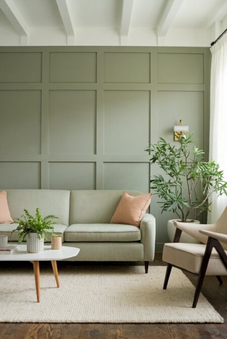 sage green pastel living room with board and batten, low-profile furniture on tapered legs, and houseplants in white pots