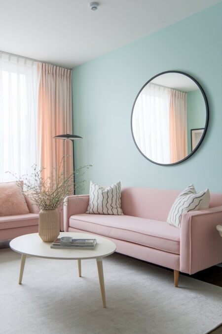 small pastel living room with pale aqua walls, blush furniture on tapered legs, and a large round mirror