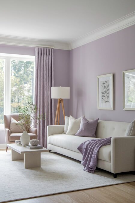 soft lavender living room with a cream sofa and white trim