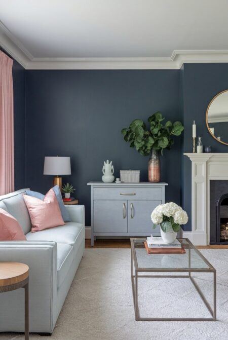 soft navy blue living room with a pale gray couch and pink accents
