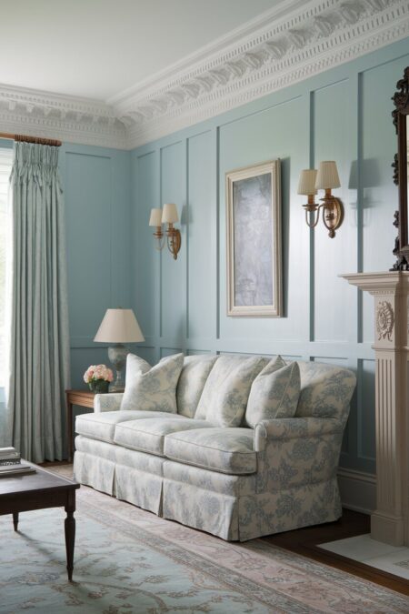 traditional pastel living room with pale powder blue paneled walls, ornate crown molding, vintage sconces, and floral rolled arm sofa