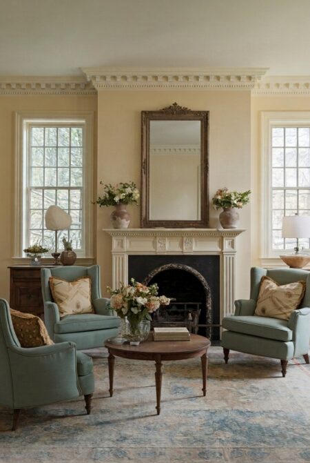 vintage cream living room with a fireplace and three armchairs