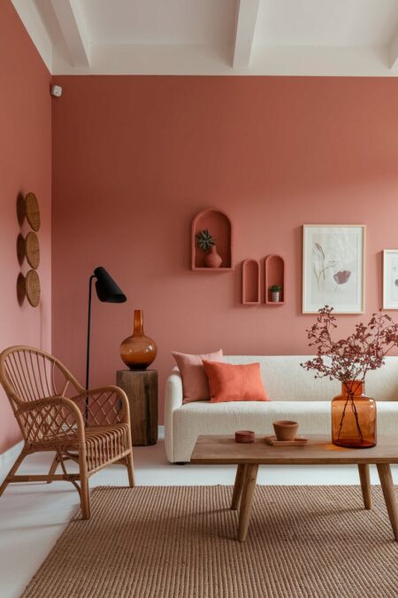 warm terracotta pink living room with a rattan armchair, jute rug, white sofa, and amber glass vases