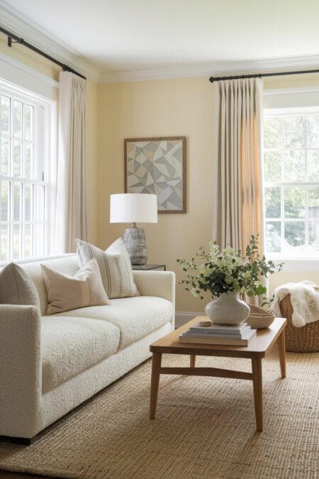 warm white neutral living room with a boucle sofa and jute area rug