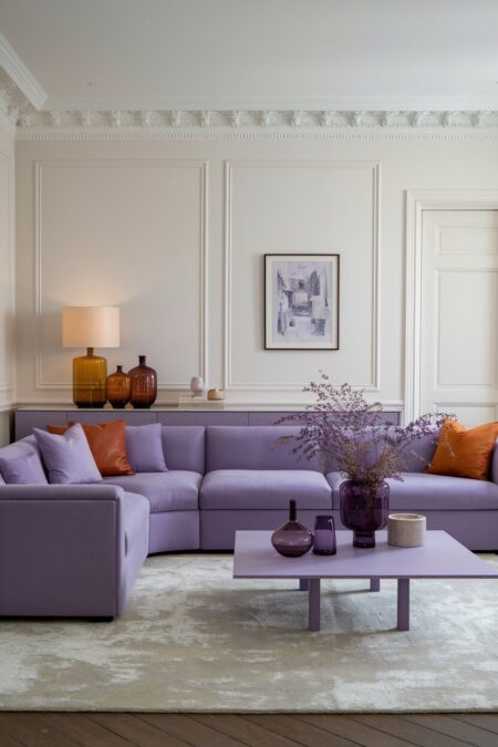 white living room with a large lavender sofa, wall moldings, amber glass vases, and cognac leather pillows