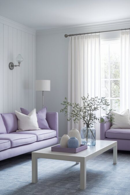 white living room with a lavender sofa and armchair, white sheer curtains, and silver accents