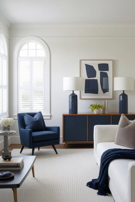 white living room with a navy blue accent chair, console, ceramic table lamps, and a navy throw on the light sofa