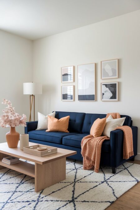 white living room with a navy blue sofa with warm sand-toned throws