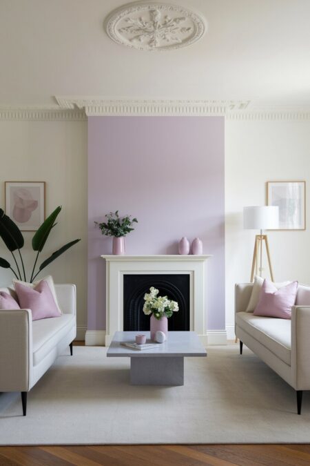 white living room with pale lilac accent wall behind the fireplace, lilac throw pillows and vases