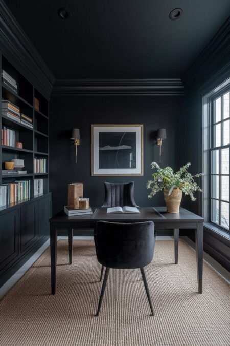 all-black maximalist home office with velvet chairs and books on the shelves