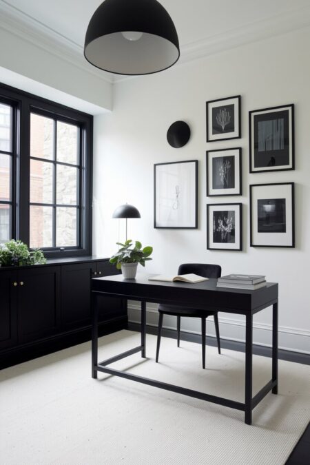 black and white home office with a gallery wall, black windows and cabinets