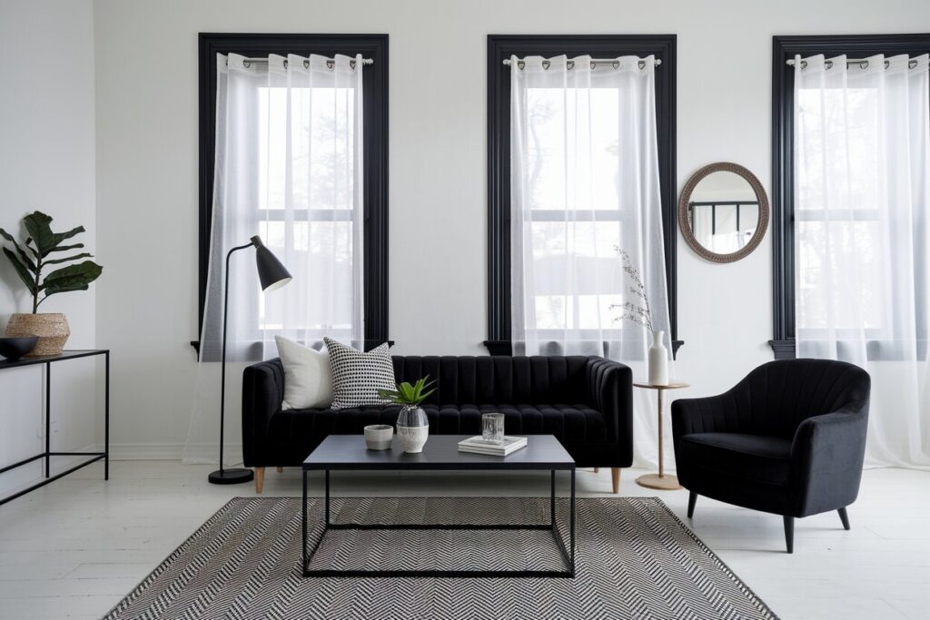 black and white living room with a velvet sofa and armchair, black window trim, white walls and flooring