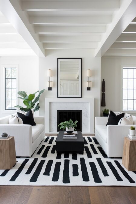 black and white living room with an area rug with abstract brushstrokes