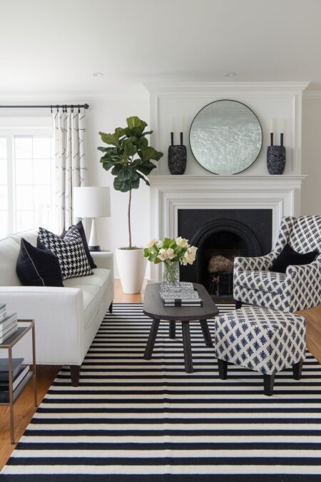 black and white living room with striped area rug, houndstooth throw pillows, and other patterns
