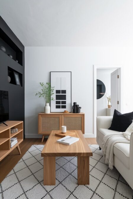 black and white living room with warm wood furniture