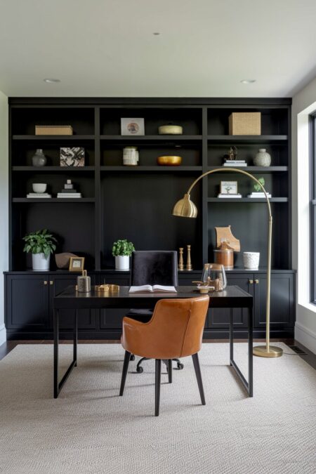 black home office with a brass arc floor lamp and brass hardware, a cognac leather accent chair