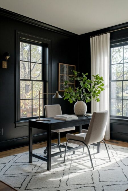 black home office with a desk near the window, sheer white curtains, cream chairs and an area rug