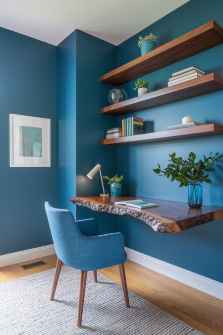 blue home office with a live edge desk and walnut floating shelves
