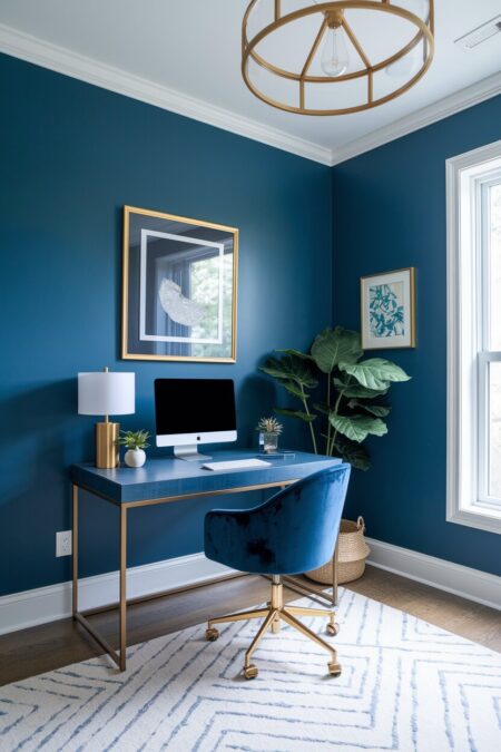 blue home office with gold accents and a navy velvet desk chair