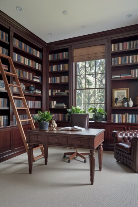 brown home office that doubles as a library with a leather Chesterfield and a traditional desk
