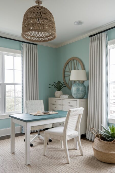 coastal home office with seaglass blue walls, whitewashed wood furniture, and woven decor