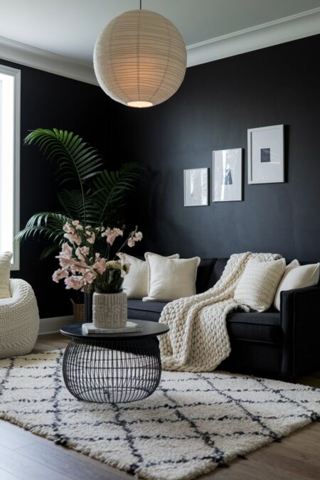cozy black and white living room with a chunky knit throw, shaggy ivory area rug, and warm pendant lighting