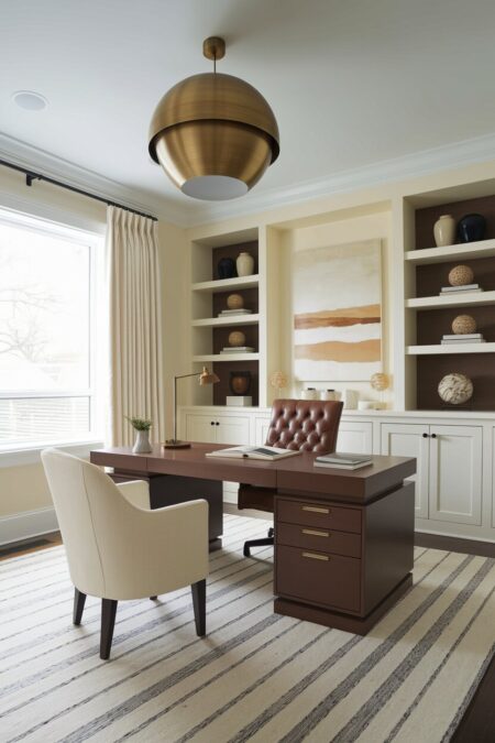 cream home office with a rich brown desk and a tufted brown leather chair