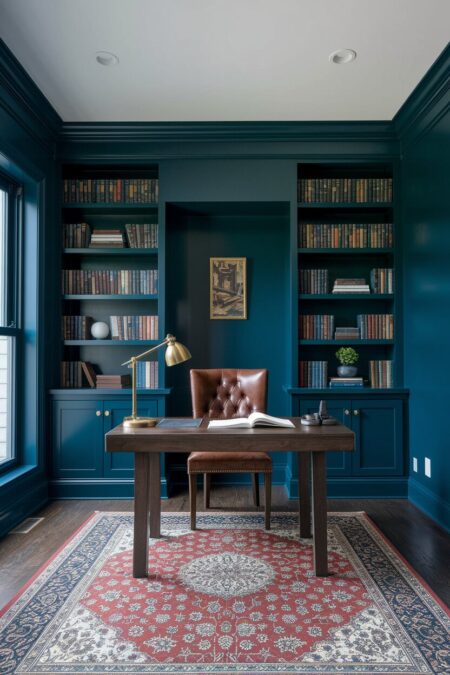 dark blue library-style home office with floor-to-ceiling bookshelves and a Persian rug