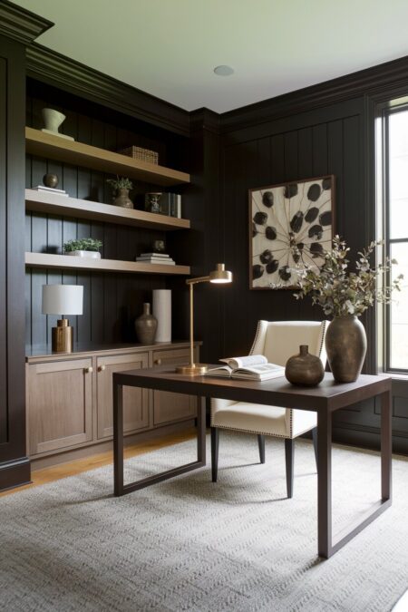 dark brown home office with natural wood shelving and a cream chair