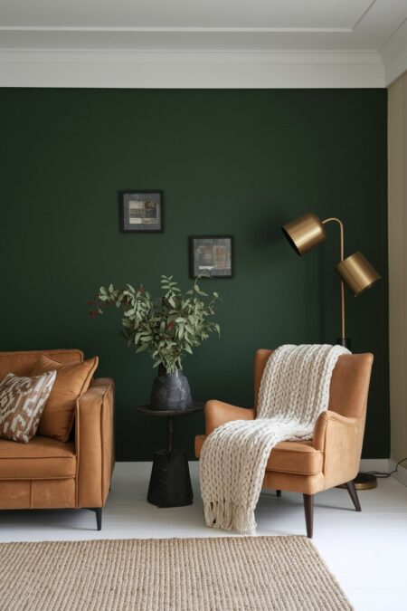 dark green living room with a chunky cream knit throw on the camel-colored armchair, a sisal rug, and a brass floor lamp