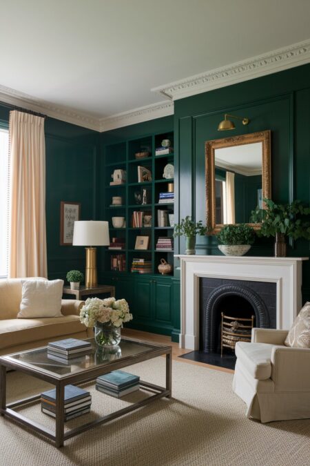 dark green living room with a fireplace, gold accents in the mirror frame and light fixtures, cream upholstery