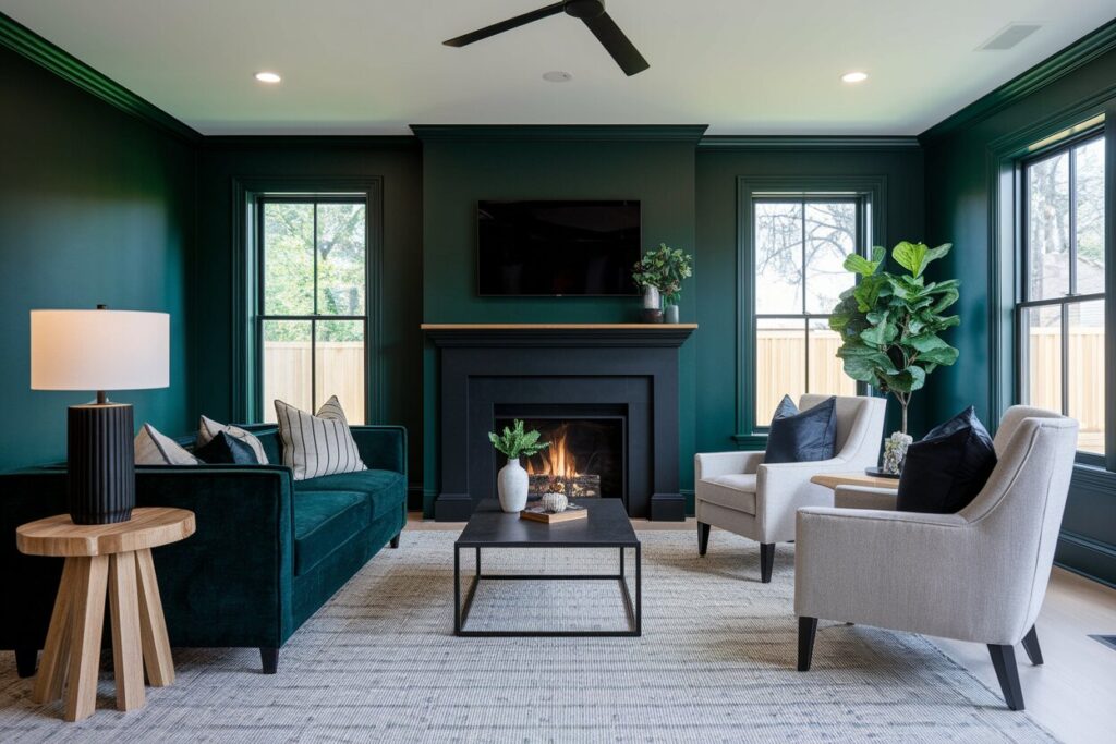 15 Dark Green Living Room Ideas That Radiate Upscale Luxury dark green living room with a fireplace, wooden side table, two linen armchairs, and black accents