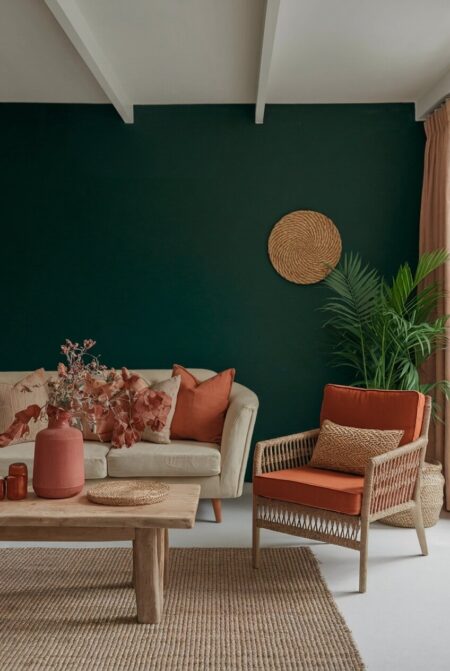 dark green living room with a terracotta accent chair and decor