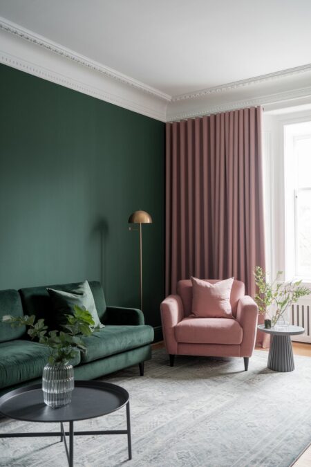 dark green living room with dusty pink armchair and drapery panels, a dark green velvet sofa