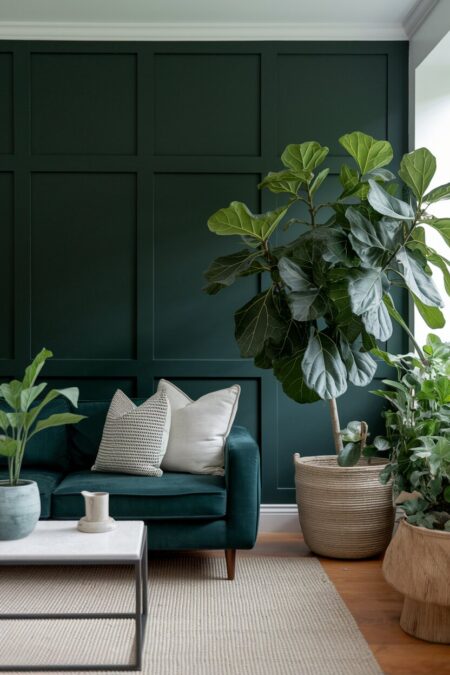 dark green living room with large-leaf plants