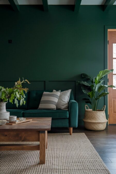 dark green living room with rich walnut floor, a wooden coffee table, houseplants, and a jute rug