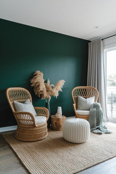 dark green living room with two rattan armchairs and a jute rug