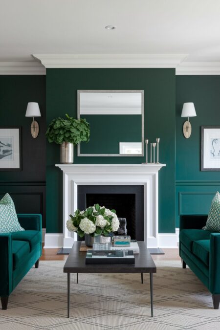 dark green living room with white trim, a fireplace, and some metal accents