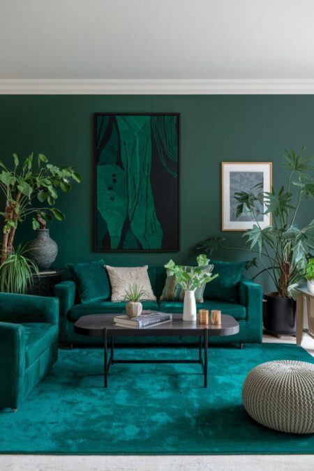 dark green maximalist living room with multiple lush houseplants