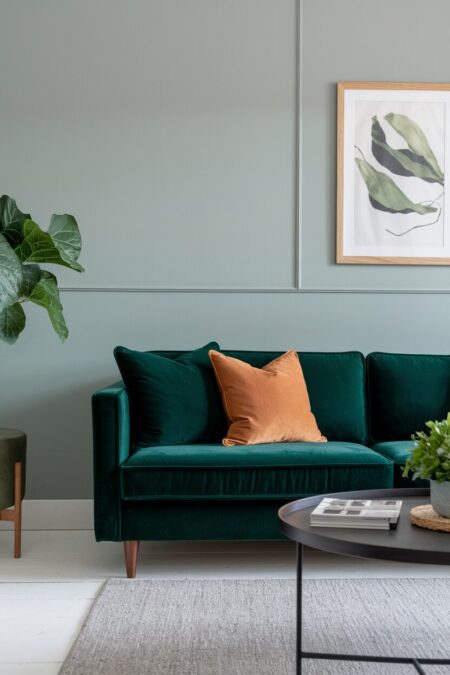 dark green velvet sofa with a rust throw pillow in the living room with light pale gray walls