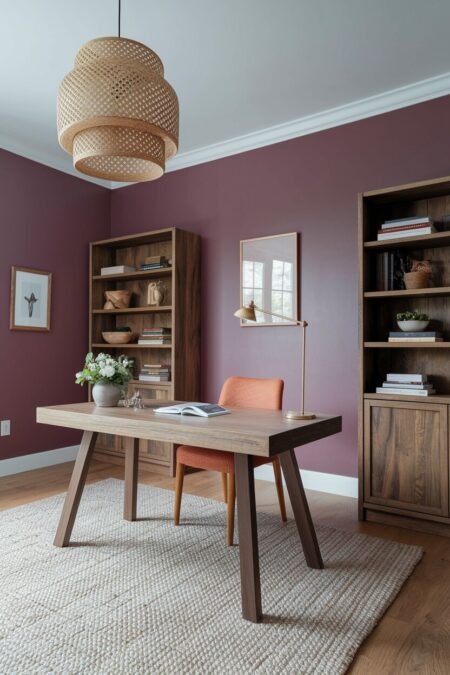dusty purple home office with warm wood furniture and a rattan pendant light