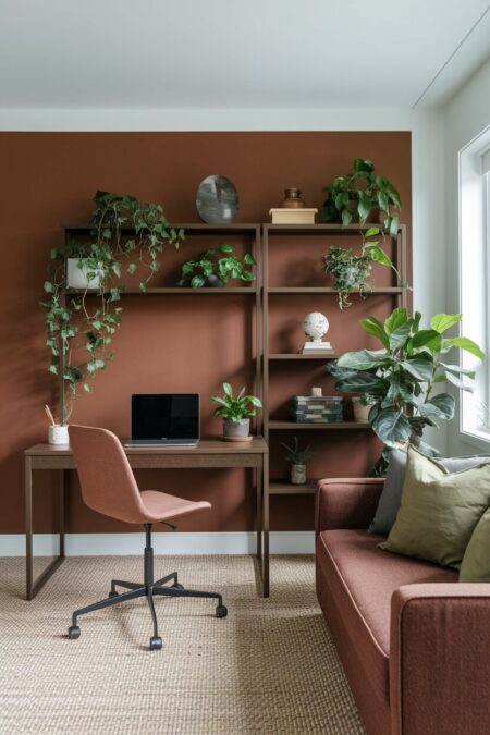 earthy brown home office with a brown linen sofa with olive green throw pillows, and lots of plants