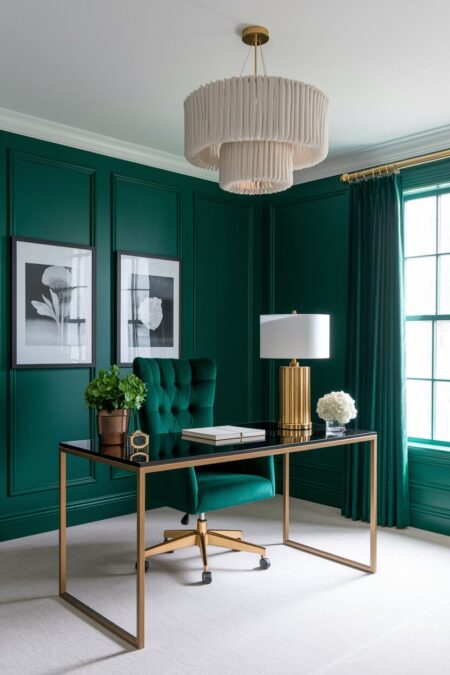 emerald green home office with a glass desk, gold lamp base, and black framed artwork