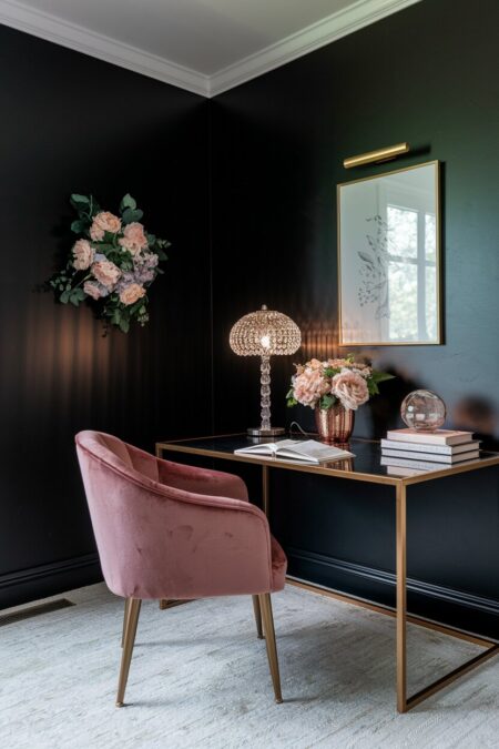 feminine black home office with a velvet chair, gold accents, and floral arrangements