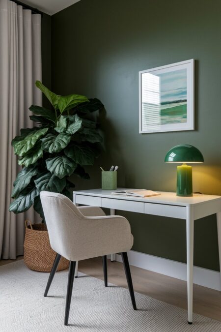 dark green home office with a green ceramic desk lamp and pen holder on the white desk
