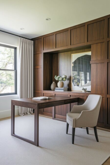 home office has a brown wood paneling with a recessed niche