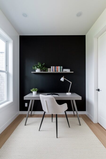 home office with a black accent wall, a gray desk and floating shelf
