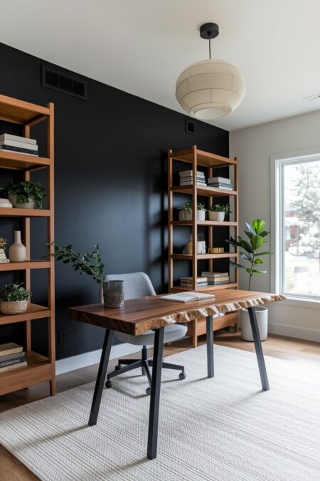 home office with a black accent wall, a raw-edge wood desktop, and wood bookshelves